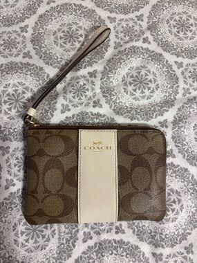 Coach Brown and Cream Signature Canvas Wristlet with Logo Stripe